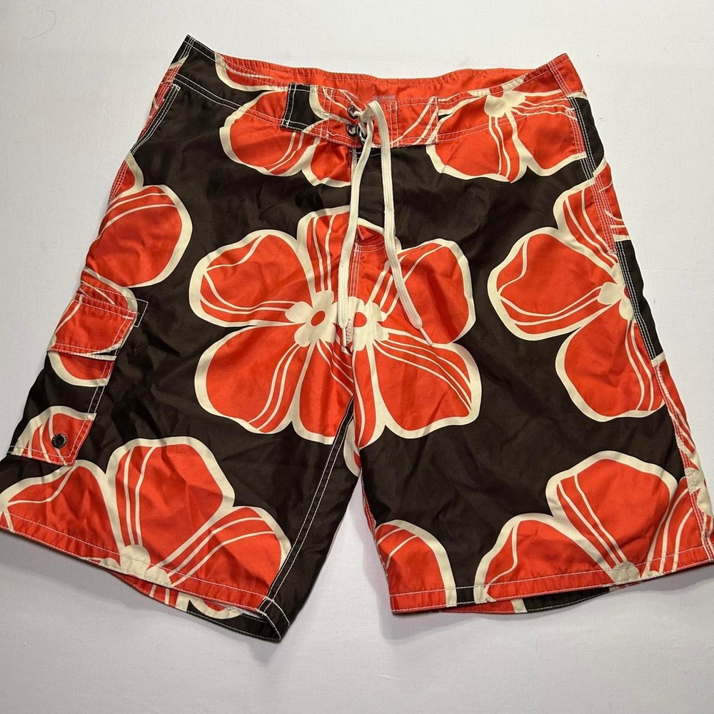 Y2K Baggy Orange Hibiscus Floral Surf Shorts - Picture 2 of 6